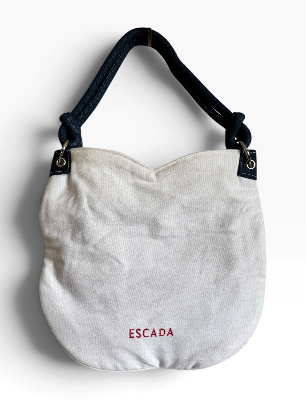 Escada White Canvas Shoulder Bag with Navy Denim Straps